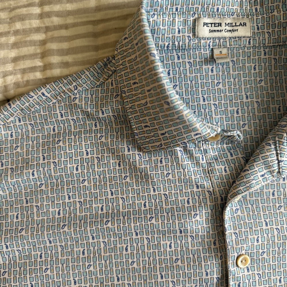 Peter Millar Ranch Water Blue Casual Button Down Shirt with Textured Weave